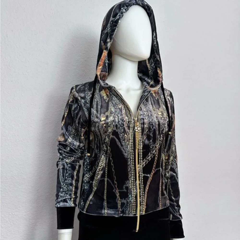 NWT WOMEN VELOUR TRACKSUIT 2 PC SET JACKET/BLACK‎ PANTS HOODED ZIPPED LOUNGEWEAR
